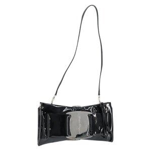 Authentic Salvatore Ferragamo Vala Shoulder Bag Enamel Black Silver
